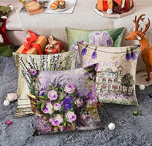 Miniatura 6 de ArtSocket Juego de 4 fundas de almohada decorativas con diseño de acuarela, flor de provenza, francia, lavanda, amor de verano, hermoso iris verde,