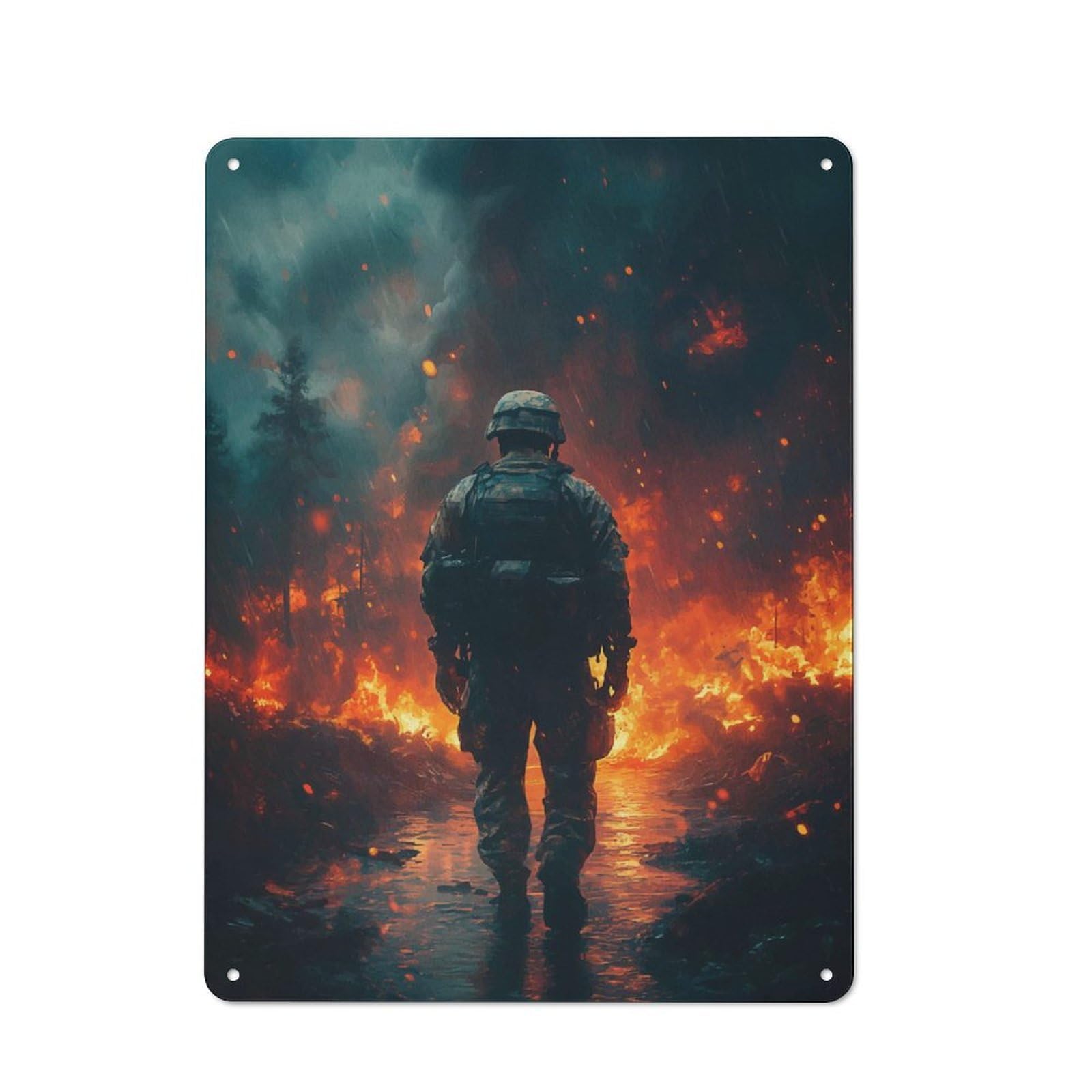 Understated Office Metal Sign 40x30cm Featuring Soldier in Firestorm, Studio Wall Plaque for Office, Study, Studio Or Hallway