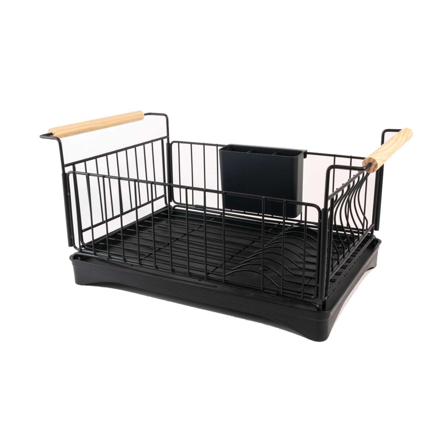 INTIRILIFE Escurridor de Platos de Acero Inoxidable en Negro con Bandeja de Goteo - 50 x 29 x 23.5 cm - con Asas de Madera, Compartimento para Cubiertos, Bandeja de recolección de Agua con desagüe
