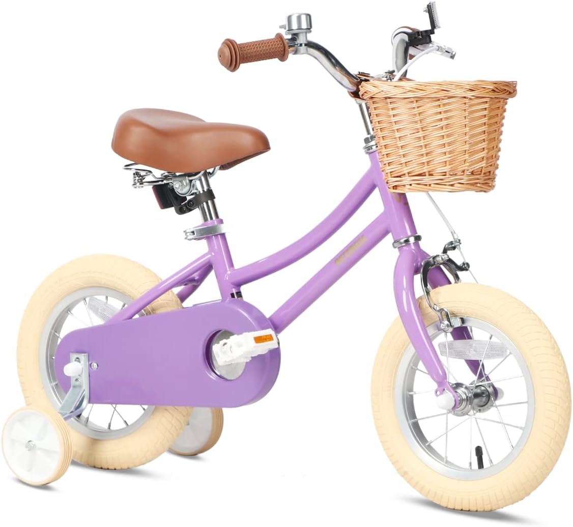 Petimini Girls Bike with Basket for 2-12 Years Old Kids, 12 14 16 18 20 Inch Bicycle with Bell Training Wheels, Multiple Colors Purple 12 Inch With Training Wheels