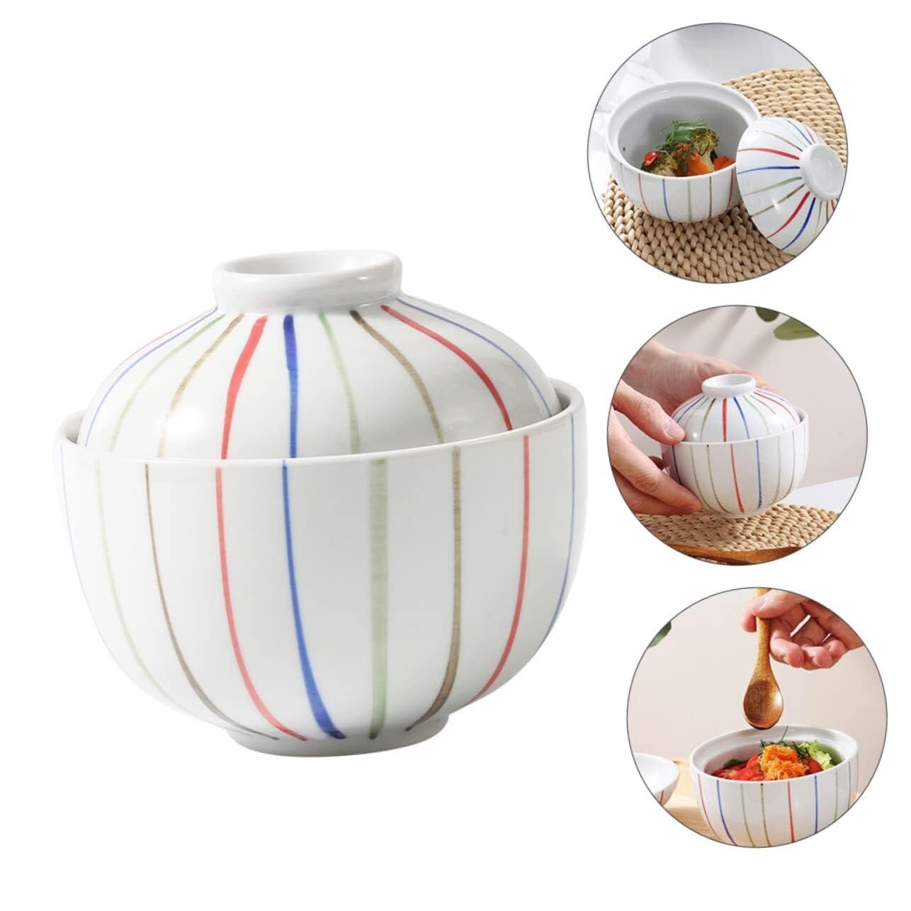 Ceramiczna miska na jajko na parze z pokrywką, miska do mieszania ramenu, makaronu, zupy, wszechstronny garnek do gotowania na parze i serwowania potraw w kuchni