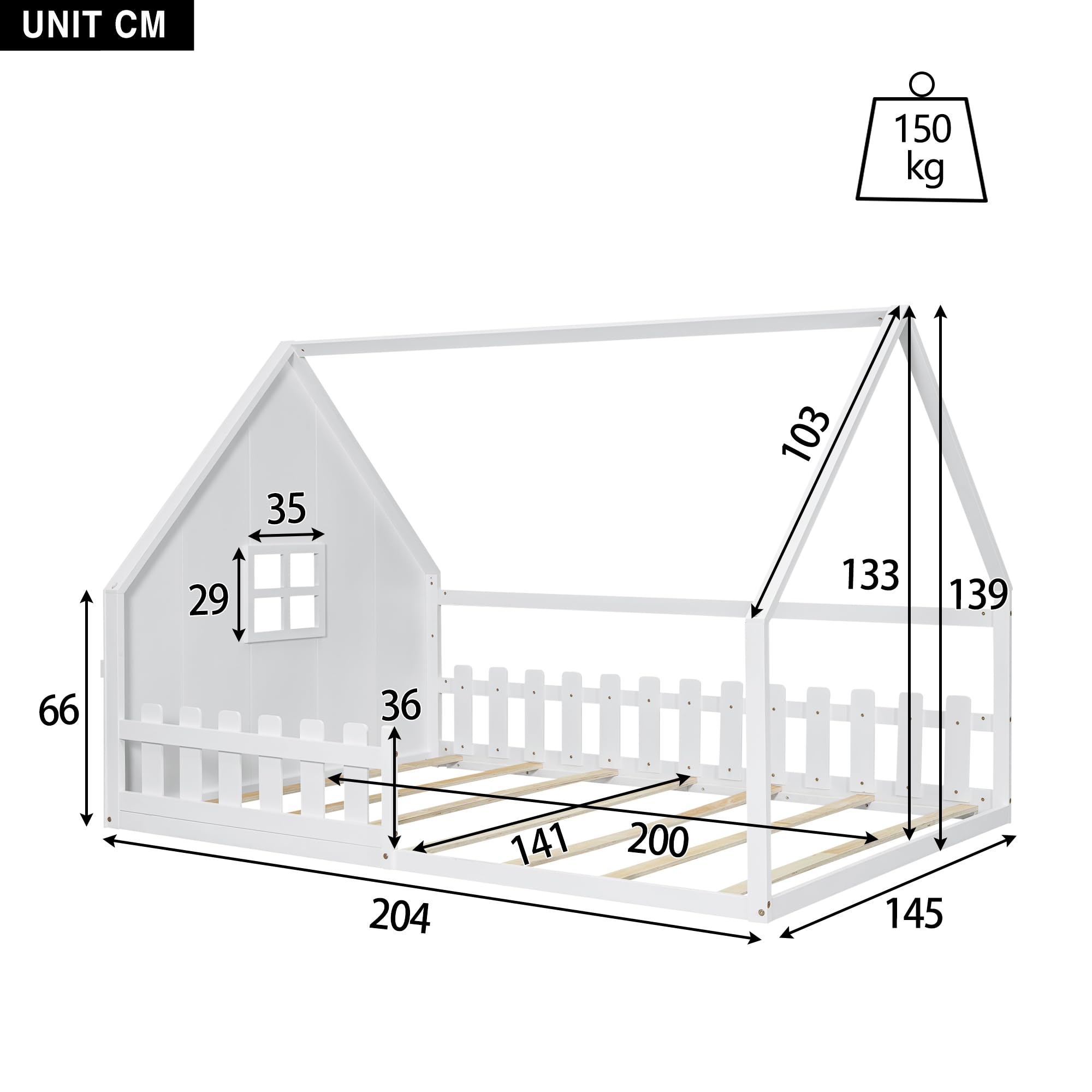 Letto per bambini a forma di casa 140x200cm, letto Montessori da pavimento con protezione anti-caduta e rete a doghe, letto in legno per bambini e bambine