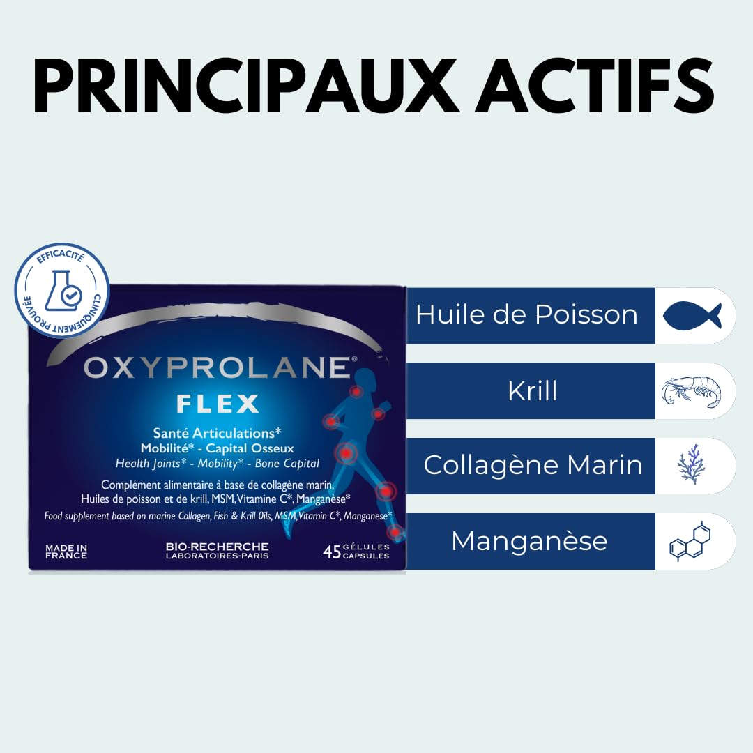 Oxyprolane® Flex • Complément Alimentaire Articulations, Capital Osseux, Arthrose • 45 gélules • Collagène Marin, MSM, Manganèse • Fabriqué en France LABORATOIRES BIO-RECHERCHE ®