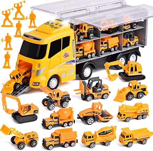 LOYEH 18 in 1 Die-cast Construction Truck Kids Play Vehicles Toy Set, Construction Toy Truck with 12 Construction Vehicles and 8 Toy Figures, Lights and Sounds, Kids Boys Girls Birthday Gifts