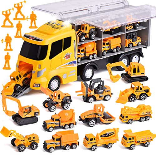 Loyeh 18 In 1 Die-Cast Construction Truck Kids Play Vehicles Toy Set, Construction Toy Truck With 12 Construction Vehicles And 8 Toy Figures, Lights And Sounds, Kids Boys Girls Birthday Gifts #TOP7