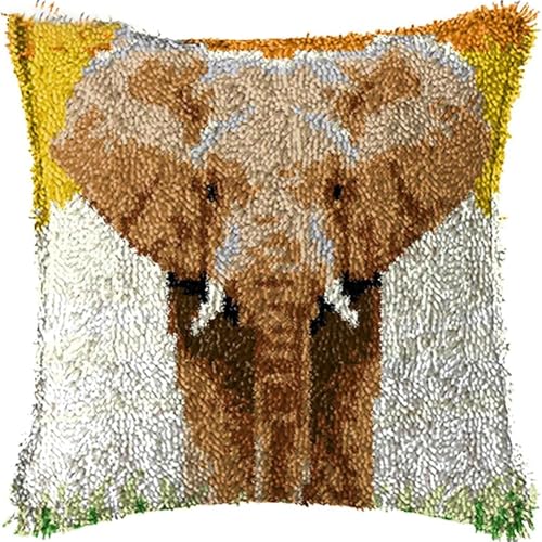 Image of Elephant Latch Hook Pillow Kits for Adults Beginners Pre-Printed Cushion | Home Sofa Cushion Cover Preprinted Canvas Crochet Yarn Kits Needlework Crafts Festival Gift for Adults Beginner 17X17 Inch