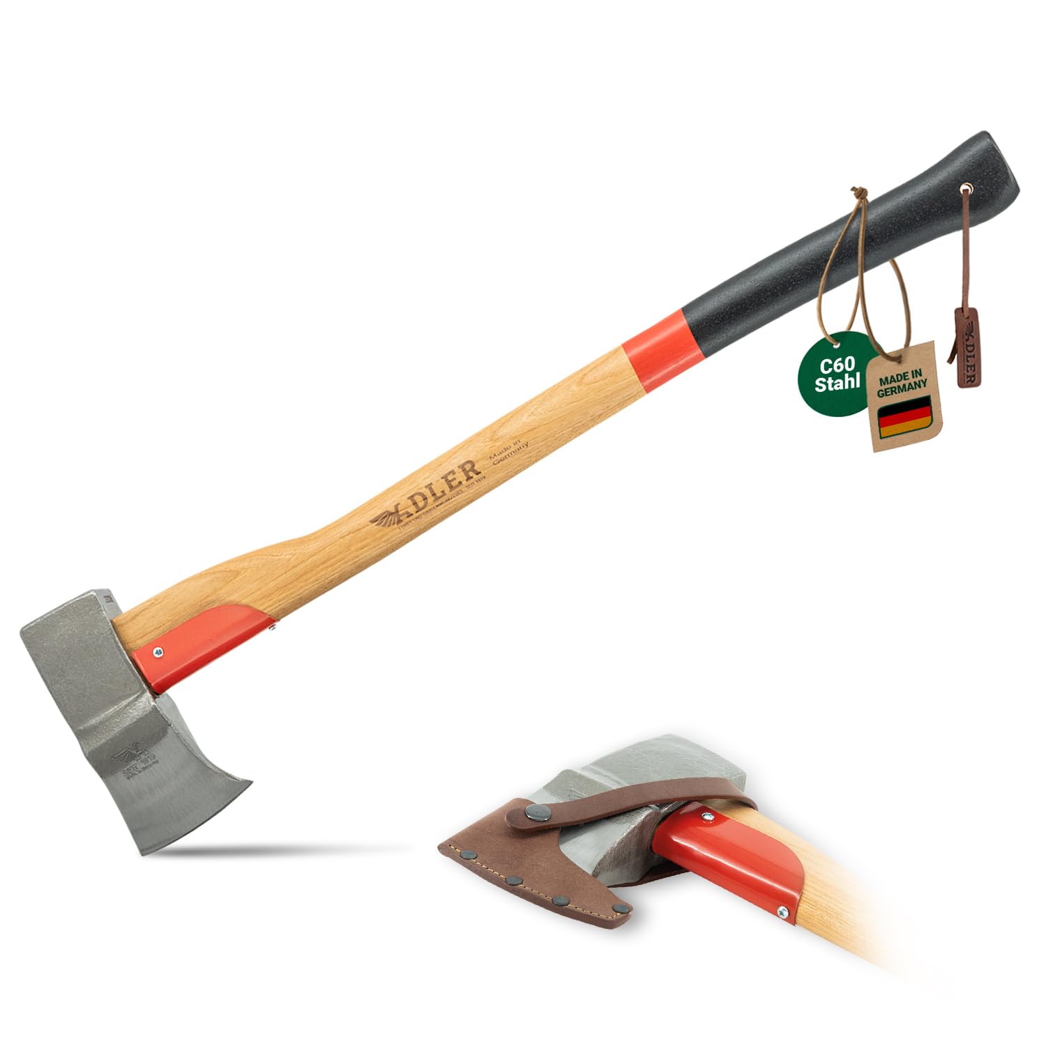 ADLER Spaltaxt inkl. Lederschutz: Geschmiedete Axt zum Holz spalten, Holzaxt mit C60-Stahlkopf & 80 cm Hickory-Stiel, Outdoor- & Forstaxt mit hoher Spaltwirkung, 3-Fach Verkeilung, Rot/schwarz, 2 kg