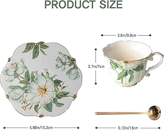 Vintage Floral Porcelain Tea Cup and Saucer Set with Spoon, Gold Trim, 6.4 oz – Set of 2, Green – Tea & Espresso & Coffee Cups (2, White Camellia)