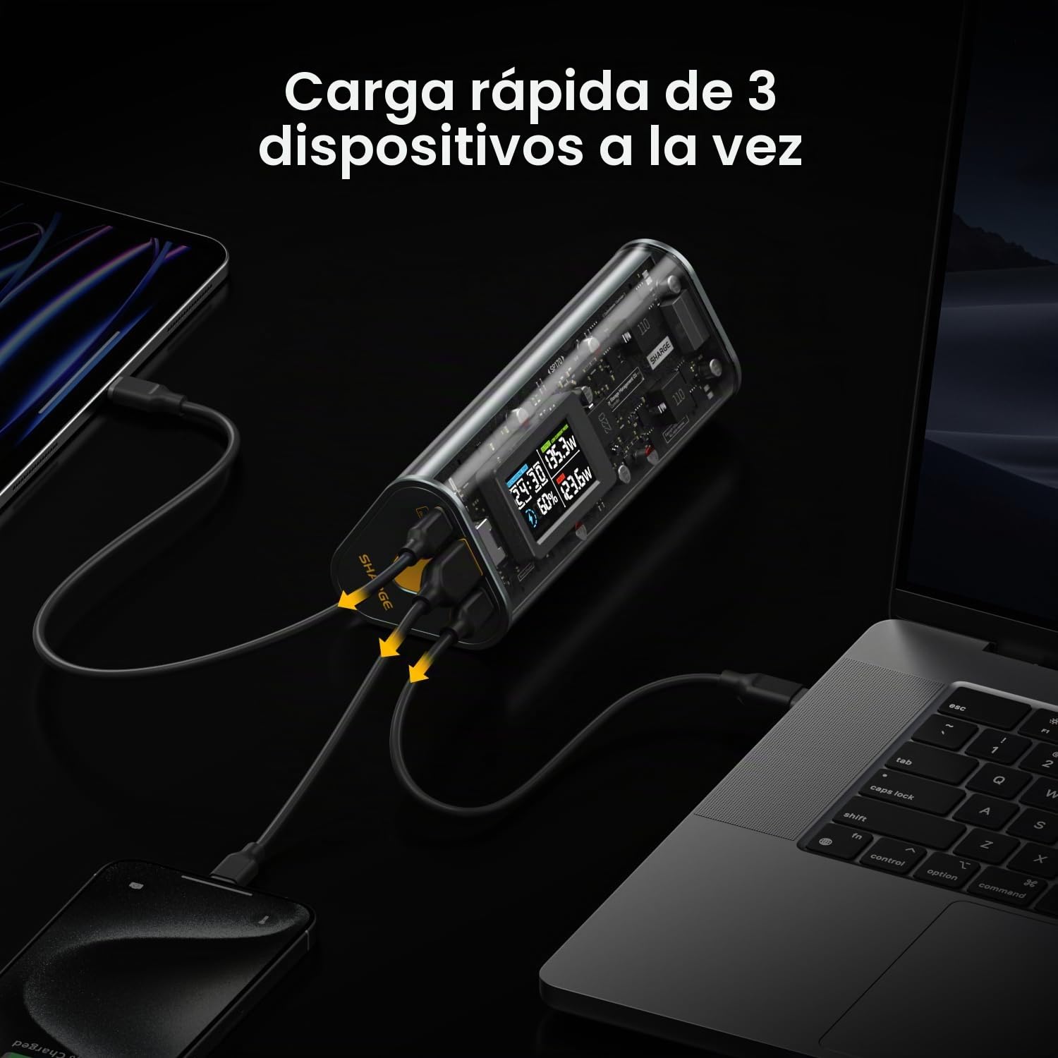 SHARGE SHARGEEK 170 Power Bank 140W Cargador portátil 24,000mAh 84,6Wh con 2 USB-C y 1 USB-A, Pantalla Inteligente, Carga Rápida PD3.1 para MacBook Pro, iPhone 16/15/14 Pro