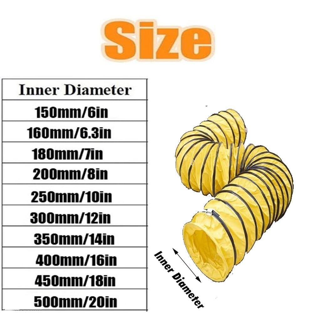 Manguera para conductos, Manguera Flexible de PVC de 6", 7", 8", 10", 12" - 16 pies, 19 pies, 26 pies, 32 pies. Conducto de Aire para Ventilador Extractor con Cuerda Ajustable y Anillas en D