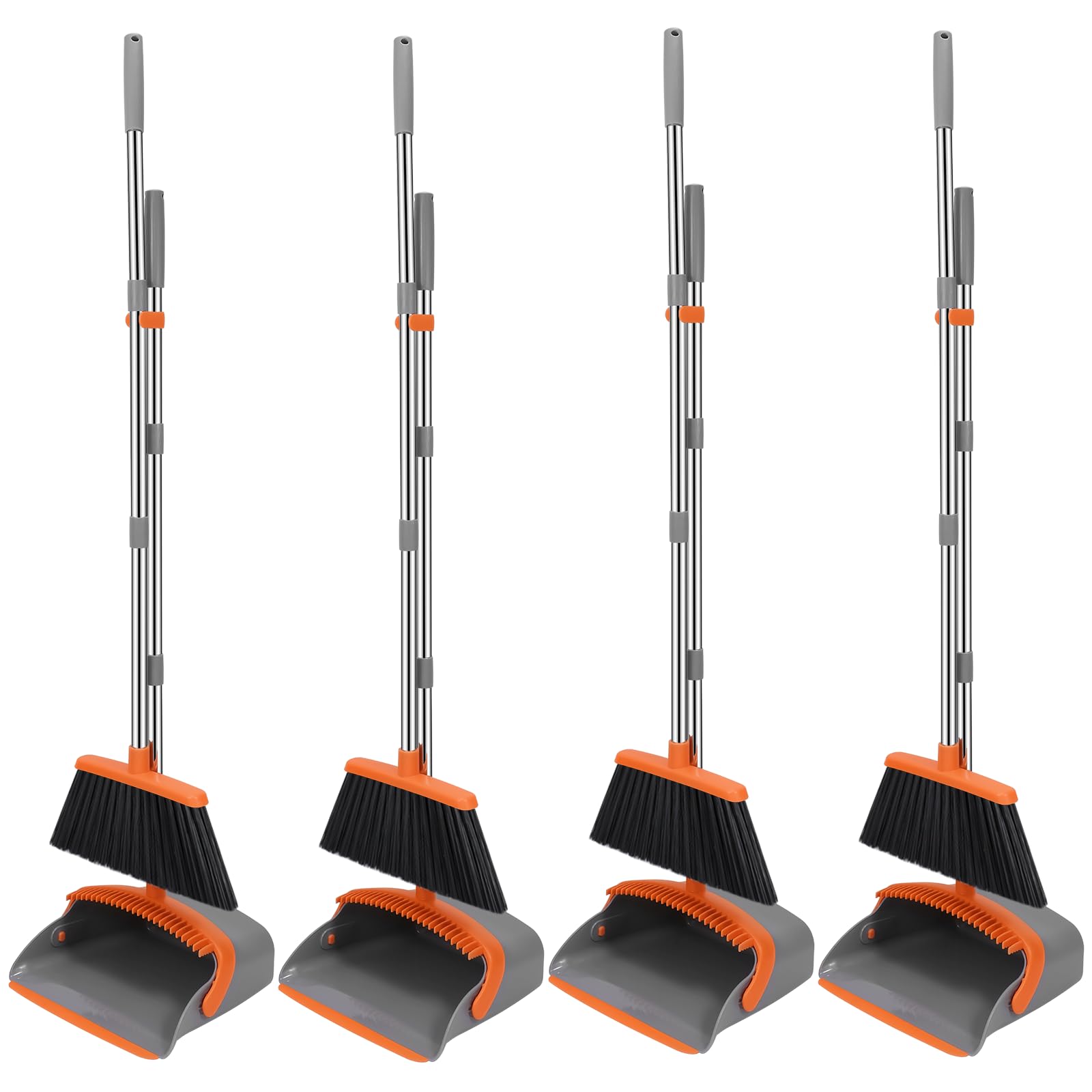 NACENA Broom and Dustpan Set, 52-in Long Adjustable Handle Broom Dustpan Combo with Dustpan Teeth to Automatically Clean Hair Suitable for Home Kitchen Office Hall Floor (Grey&amp;Orange), 4 Pack