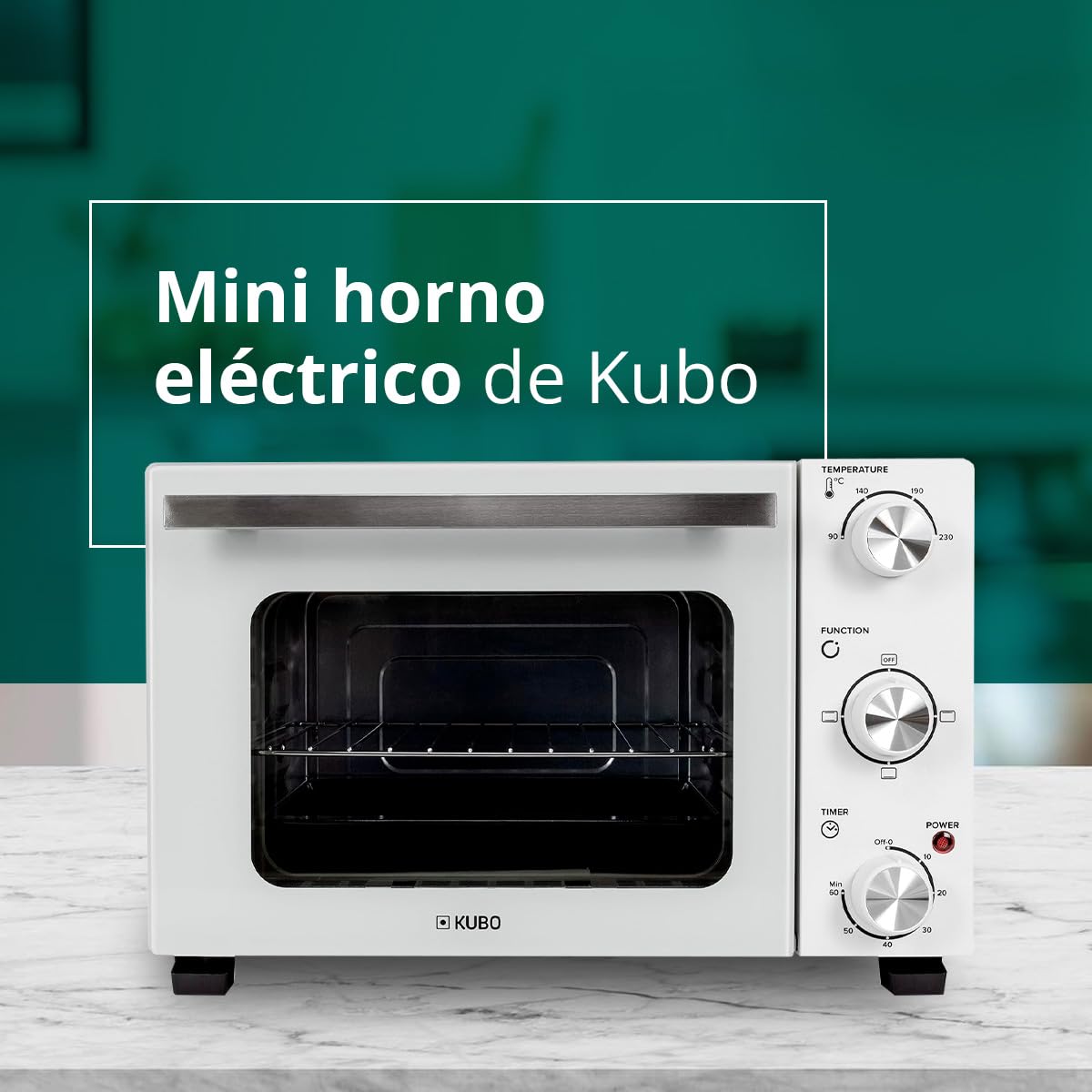 Kubo Mini Horno Eléctrico de Sobremesa 22 L Blanco, Temperatura Regulable, Temporizador 60 Min, 3 Opciones de Calentamiento