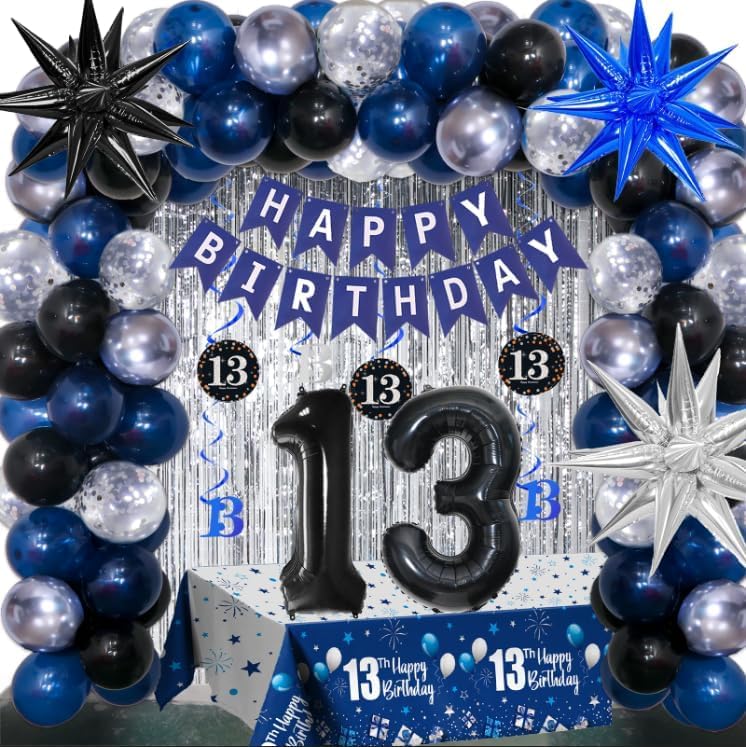 13th Birthday Decorations for Boys and Girls Dark Blue, Official Teenager Decorations HAPPY BIRTHDAY Banner 13 Balloon Number Tablecloth Foil Star