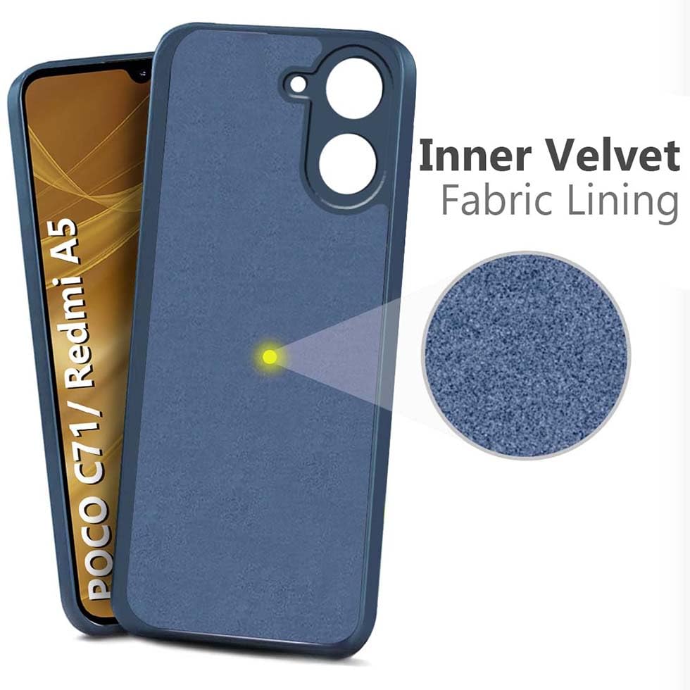 Image of Fashionury Liquid Silicon Back Cover for Redmi A7 / Poco C71 / Redmi A5 | Inner Velvet Fabric | Camera Protection | Anti-Fingerprint | Ultra Slim Case (Blue)