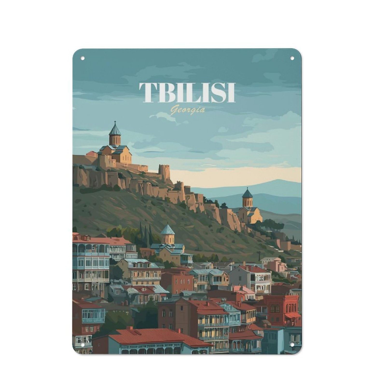 Junmoney Style-20 Tbilisi, Georgia Cityscape Illustration(2) Printed Metal Sign 40X30cm For Bar Or Restaurant, New Home Wall Decor For Hospitality Decor Collectors