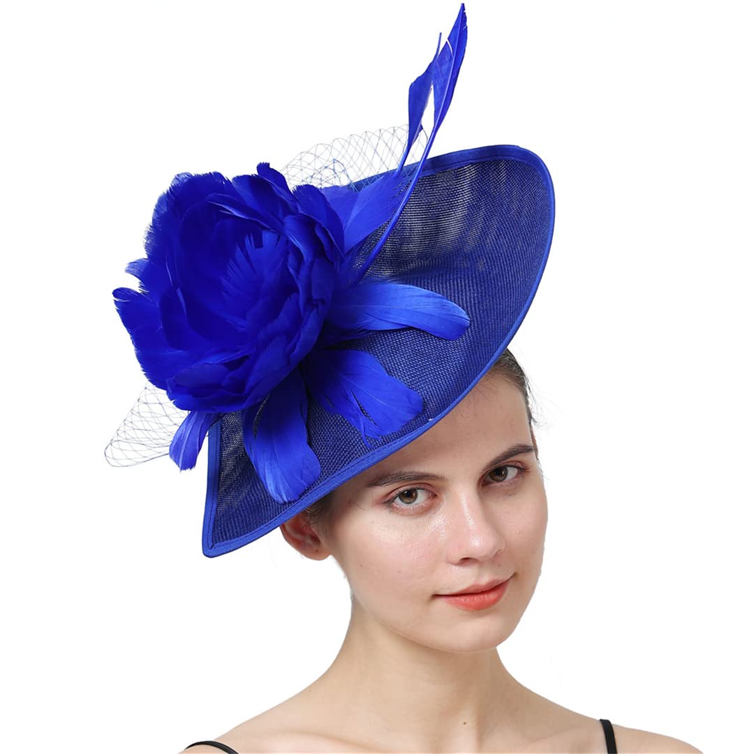 Tocado de plumas for mujer, for eventos, bodas, fiestas, iglesias, etc.,Horquilla con flores y plumas(Royal blue)