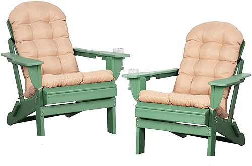 LOENIY Juego de 2 sillas Adirondack con cojines y portavasos, silla plegable Adirondack de polietileno de alta densidad resistente a la intemperie