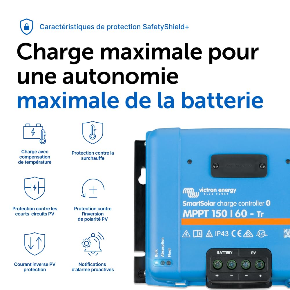 Victron Energy SmartSolar MPPT TR 150V 60 amp 12/24/36/48-Volt Contrôleur de Charge Solaire (Bluetooth)