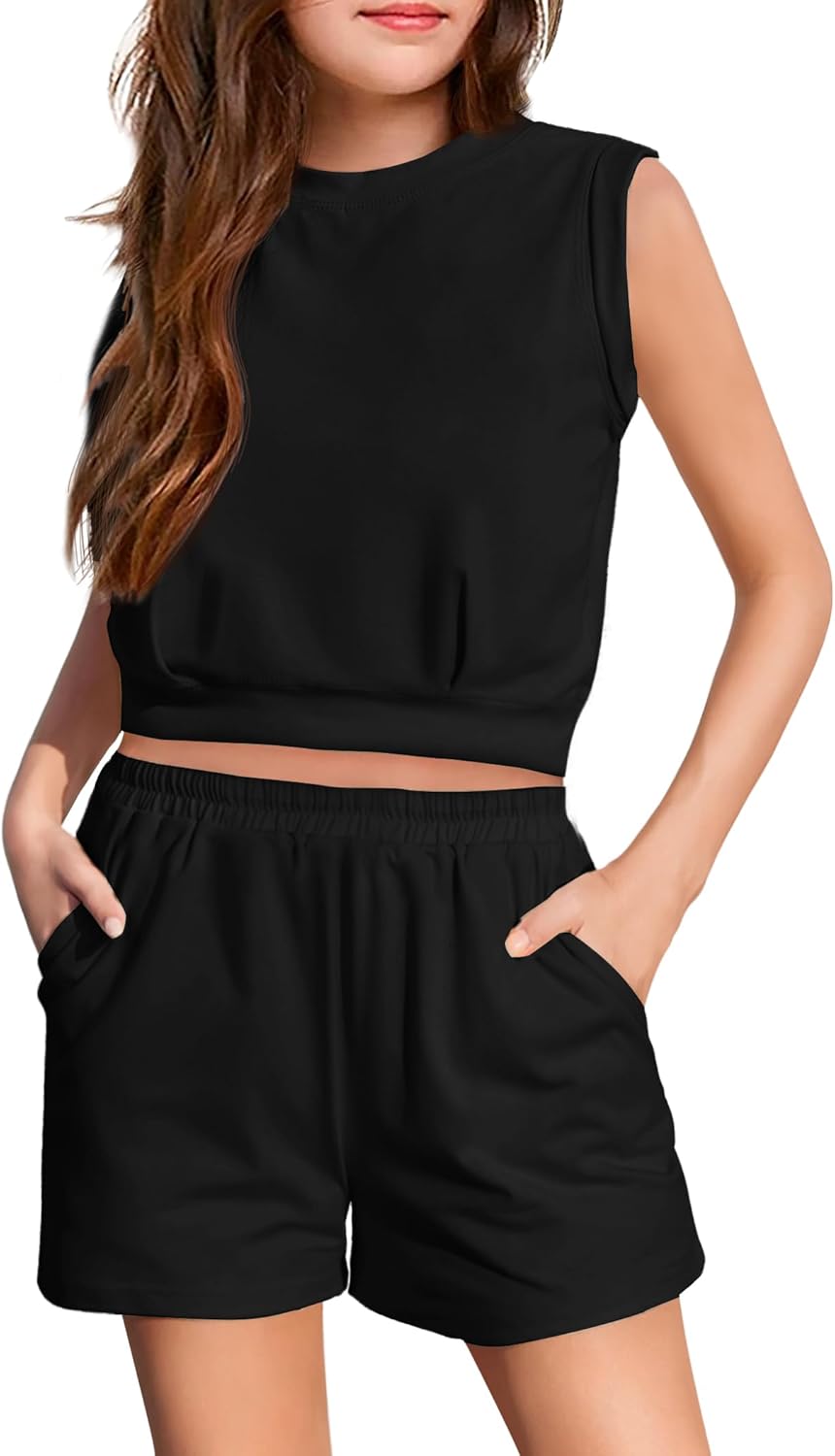 Arshiner Girl’s 2 Piece Outfits Sleeveless Round Neck Tank Top and Shorts with Pockets Casual Summer Shorts Sets