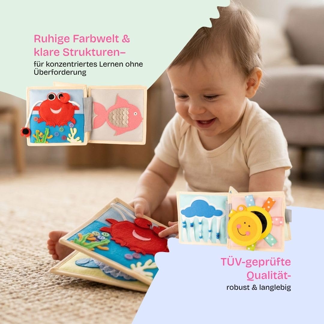Jolly Designs – Happy Sheep - 6 Seiten Mini Quiet Book – Montessori Spielzeug ab 4 Monaten – Motorik & Sensorik fördern – Handgefertigtes Filzbuch – Lernspielzeug für Kleinkinder – Busy Book