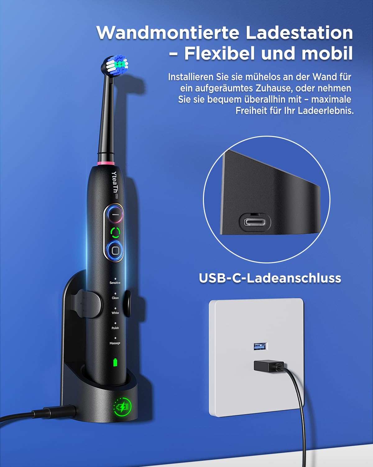Rotierend Elektrische Zahnbürsten Doppelpack mit 10 Aufsteckbürste | 3 Intensitäten, 5 Modi, Wandhalterung Ladestation, 2 Typen Aufsteckbürste， wasserdicht IPX7