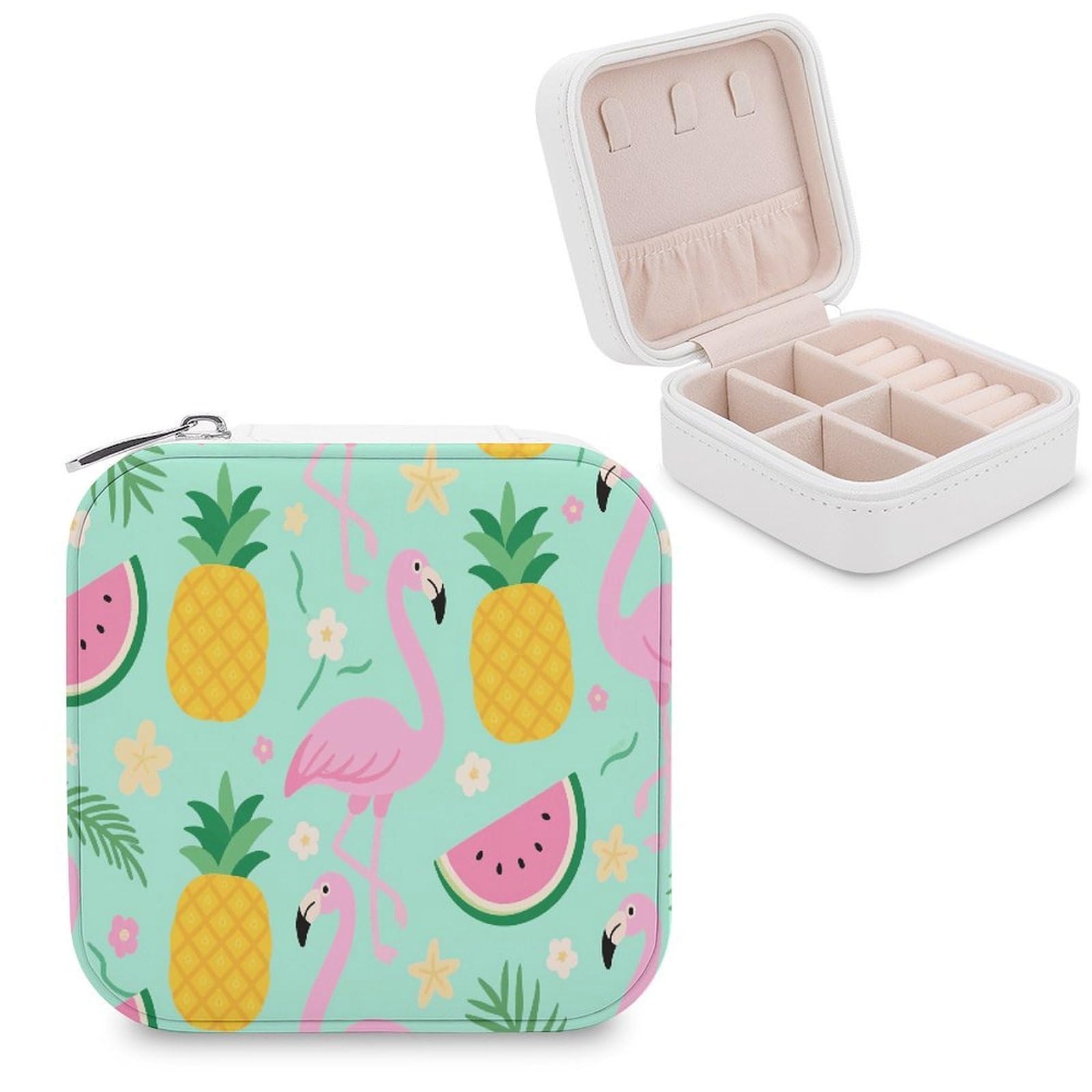 VstaDank Pineapple Watermelon Flamingo Jewelry Box for Women Jewelry Organizer Storage Case with Zipper Mini Travel Jewelry Case Cute Trinket Organizer Leather Portable Jewelry Storage Box