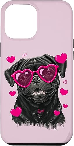 Miniatura 1 de Funda para iPhone 12 Pro Max con diseño de pug negro para mujer diseño de corazón pug mamá San Valentín Pugs Kisses