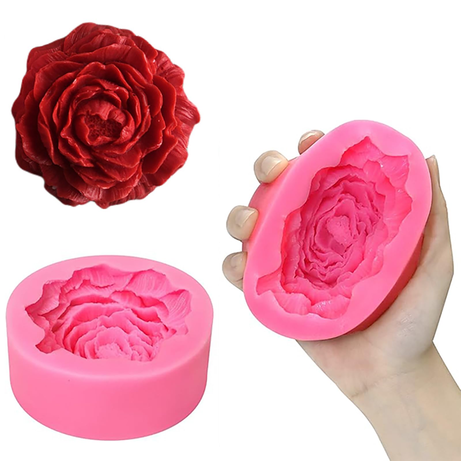 2 sztuki silikonowych foremek do kwiatów, 3D forma do świec w kształcie piwonii, łatwa do otwarcia, wielokrotnego użytku do kremówki, mydła rzemieślniczego, żywicy, czekolady