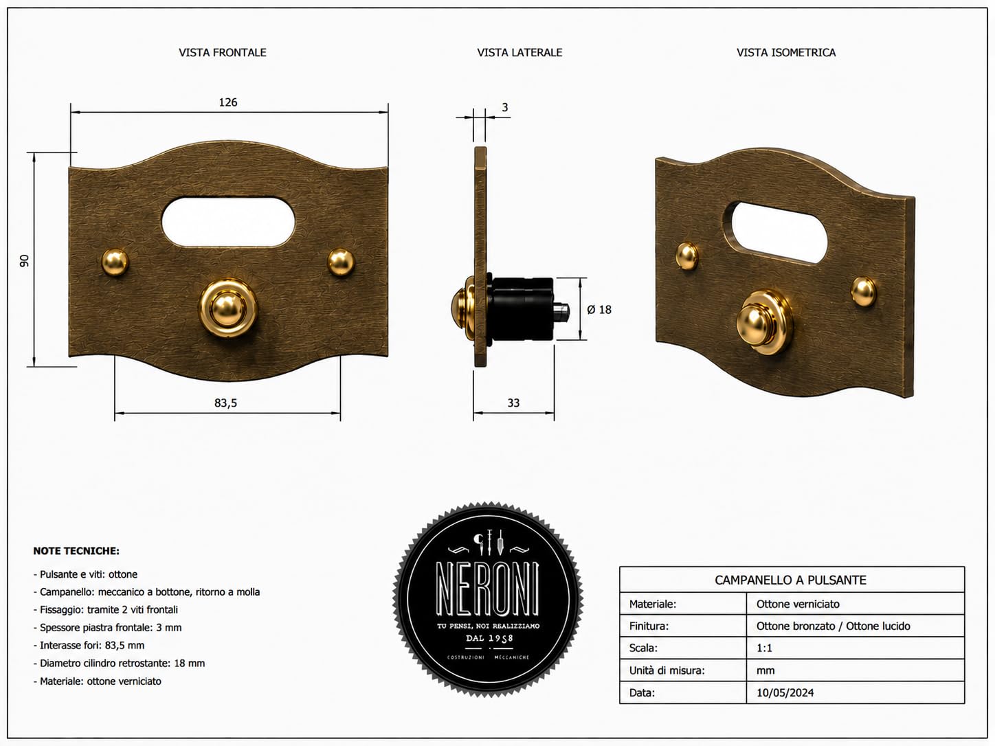 Neroni Mameli Campanello in Ottone Bronzato per Esterno abitazione - Porta Ingresso Casa, con Pulsante Elettrico - Modello Costantino - Made in Italy