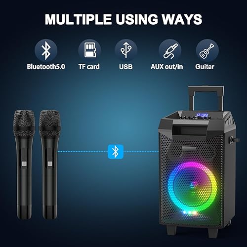 Miniatura 5 de VeGue Máquina de karaoke, sistema PA de altavoz Bluetooth para adultos y niños con 2 micrófonos inalámbricos, subwoofer de 8 pulgadas, máquina de