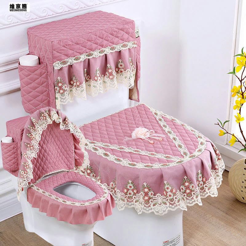 ZCSLD 3-teiliges Set mit Spitzen-Wassertank mit Tasche, WC-Deckel und Tankabdeckungen, WC-Sitzbezug, Kissen, WC-Tankdeckel, WC-Deckelbezug-Set – Bild 6