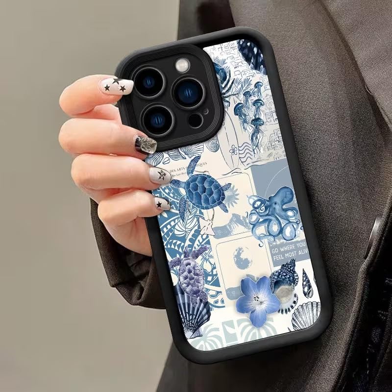Image of COVERLY Blue Sea Turtle Back Case for iPhone 15 Pro Max | Hot 3D Ocean Summer Vibe Floral Cute Design | Lens Protection | Soft TPU Silicone Aesthetic Print Cover for Girls & Women (Black, Shockproof)