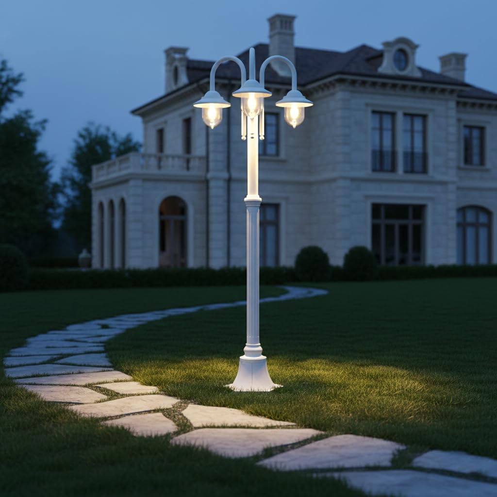 Dopa Lampione da giardino esterno (3 luci E27) con lanterna classica stile moderno, lampioni IP54 elegante palo luce Lampada esterni policarbonato 210 cm max 60W (Bianco)