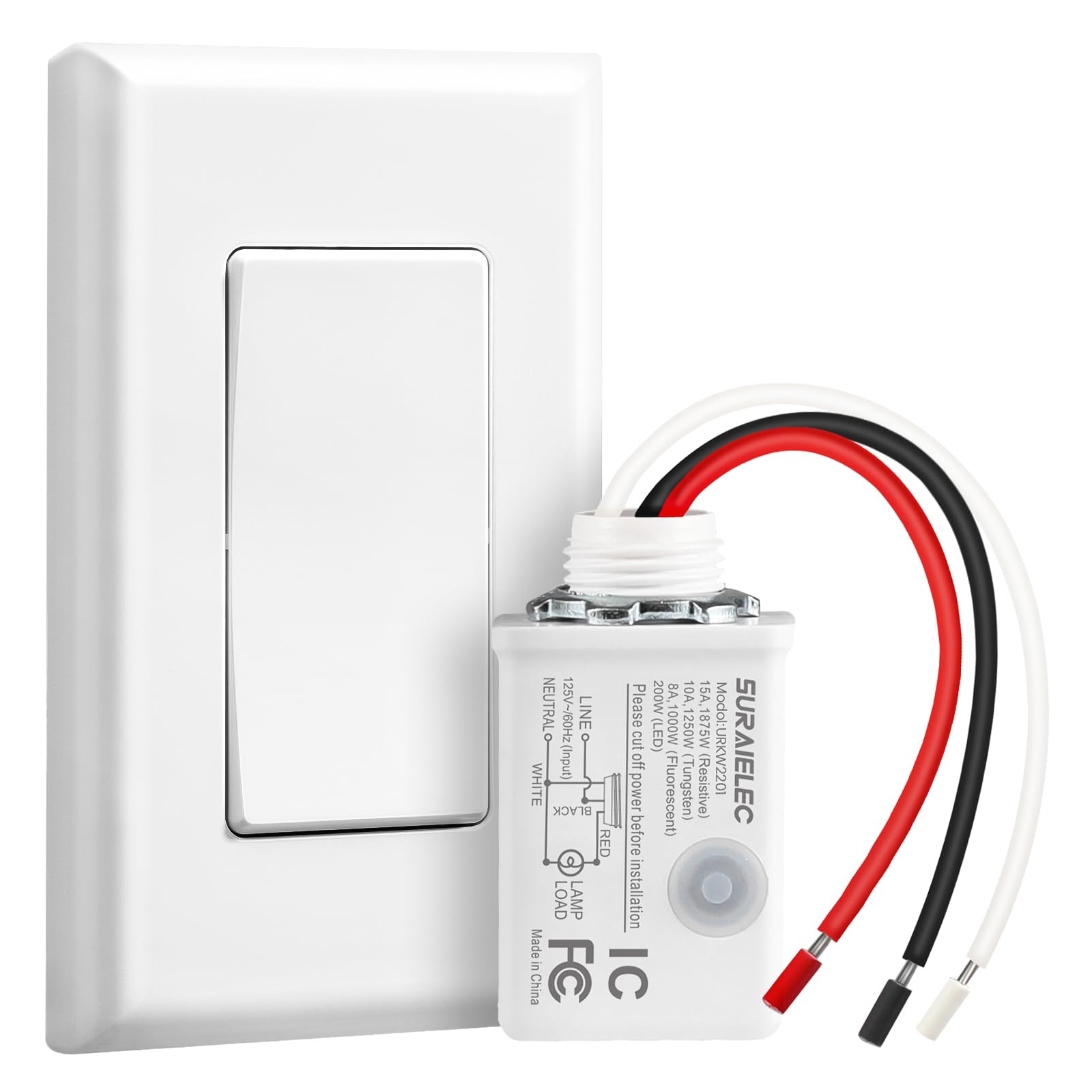 SURAIELEC Wireless Light Switch Kit with Receiver, 15A RF Remote Control | No Wiring Required, No Interference, 100 ft Range, Expandable Wall Switch for Lamp, Ceiling Light, Fan & Outdoor Lighting