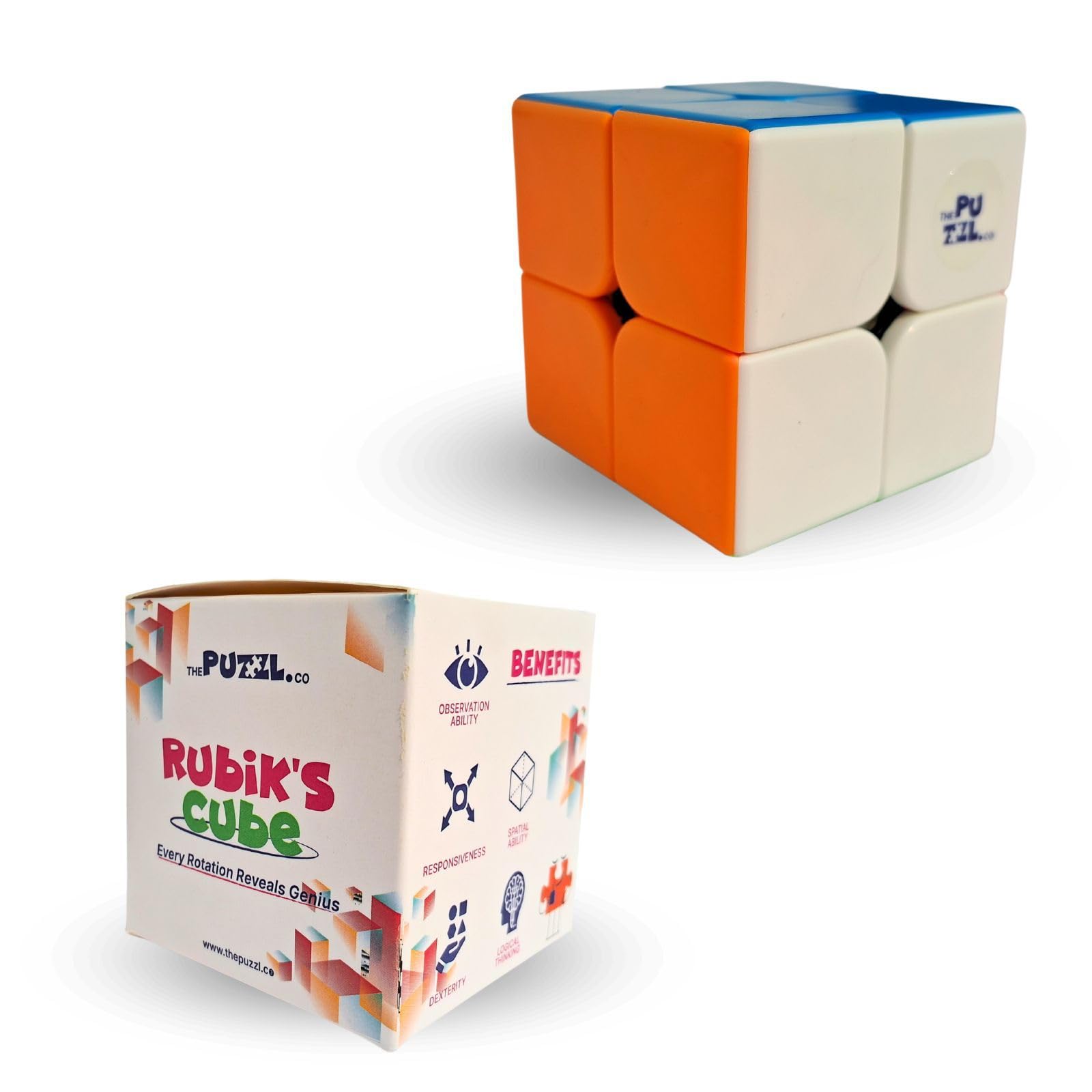 The Puzzl Co - 2x2 Rubik Cube - Colorful Brain Booster Puzzle Game for Kids 5+ Years | Stress Buster, Cognitive Power & Problem-Solving Skill Enhancer | Round Edge Design for Easy Handling