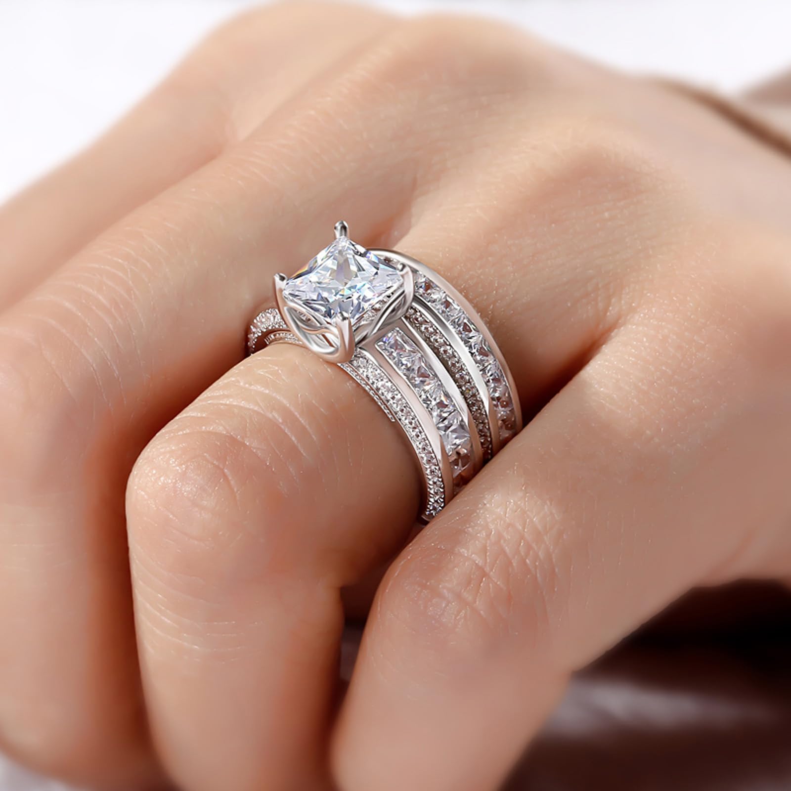 Jeulia Plata de Ley Juego de Anillos para Mujer 4 Puntas Diamantes Anillos Juego Con Corte Princesa Joyas para Novia Anillo de Bodas Compromiso
