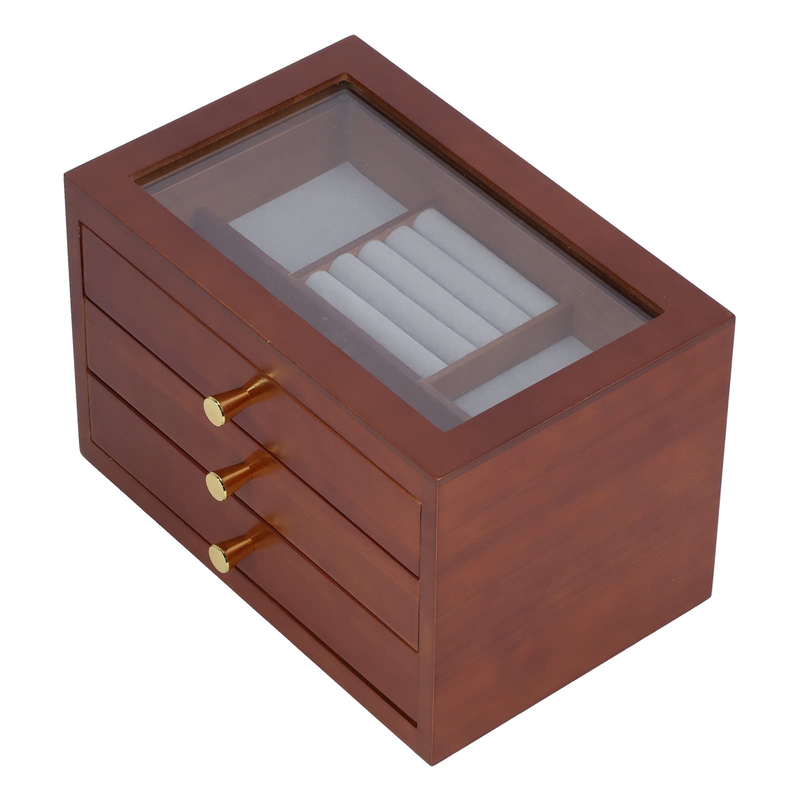 Pudełko na biżuterię Drewniane Pudełko na biżuterię ze szklaną pokrywką 3-warstwowy Organizer 30 X 20 X 19 Cm 3 Szuflady Pierścionki Bransoletki Naszyjniki Komodzie Vanity Store Display