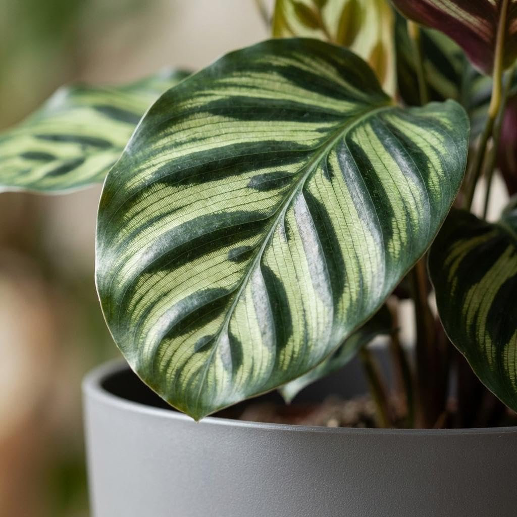 Calathea Makoyana pawie maranta koszowa 70 cm – roślina pokojowa w kolorze szarym, Ø 19 cm – dekoracyjny rysunek liści z fioletowym spodem – łatwa w pielęgnacji, oczyszcza powietrze do mieszkania i