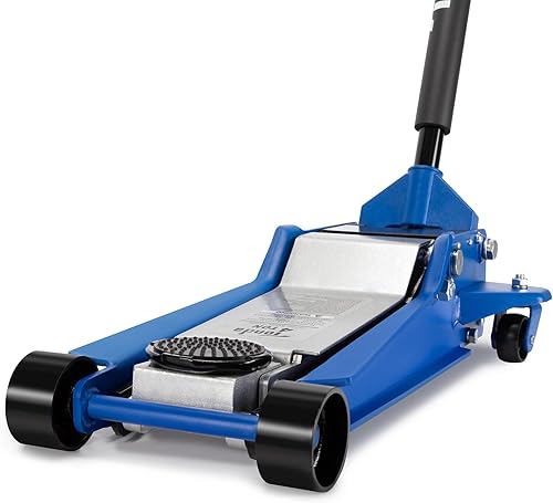 Miniatura 9 de Aain Gato de piso resistente de 3 toneladas, gato hidráulico de acero con bombas dobles para elevación rápida, ruedas traseras giratorias, azul