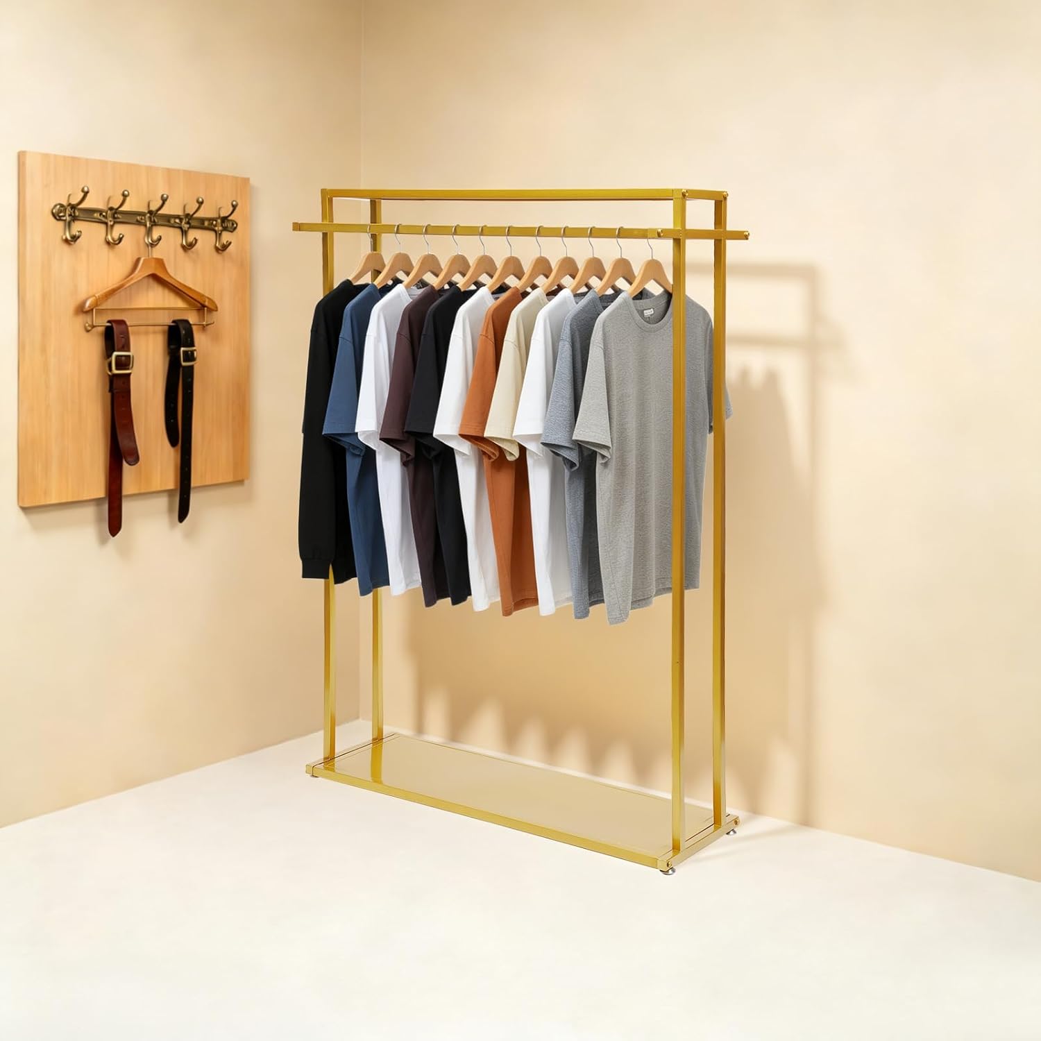 Heavy Duty Gold Freestanding Garment Rack, Sturdy Metal Clothing Hanger Stand with Bottom Shelf, Freestanding Closet Organizer, for Retail Display & Home Clothing Storage
