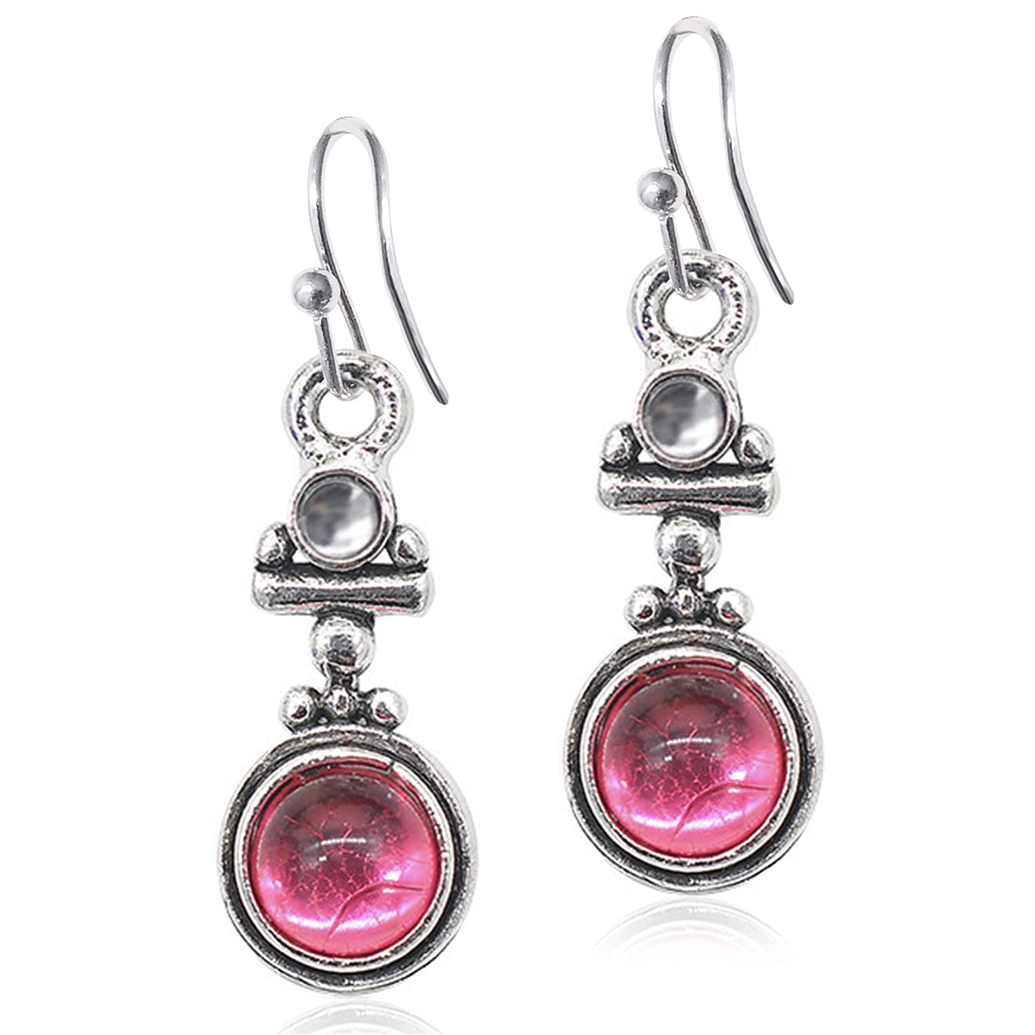ANDPAI Unique Bohemian Vintage Silver Round Pink Crystal Stone Dangle Drop Earrings for Women Statement Jewelry Gifts