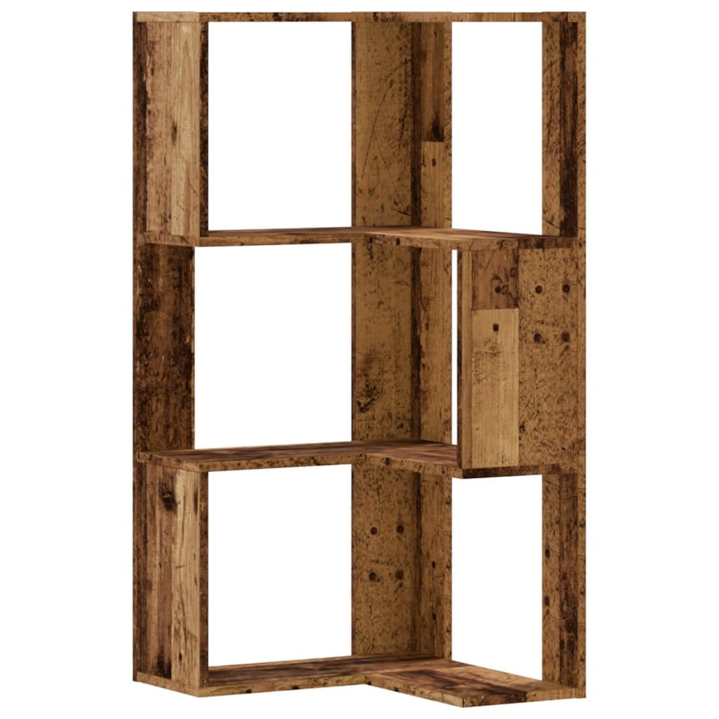 Libreria angolare a 3 ripiani, in legno anticato, 50 x 50 x 102