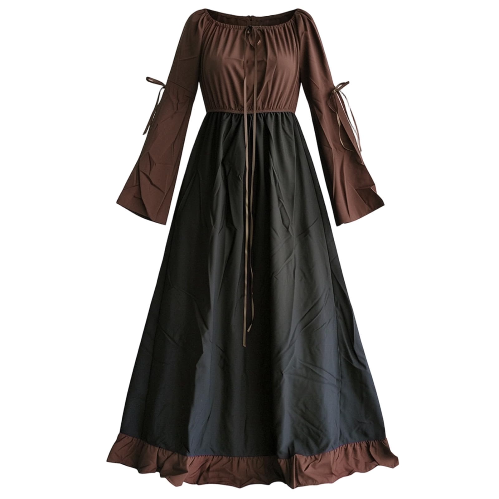 Elegante Abito di Corte Medievale con Corpetto Arricciato, Chiusura con Fiocco al Collo e Maniche Trapezio di Grande Effetto, Ideale per Cosplay e rievocazioni storiche.