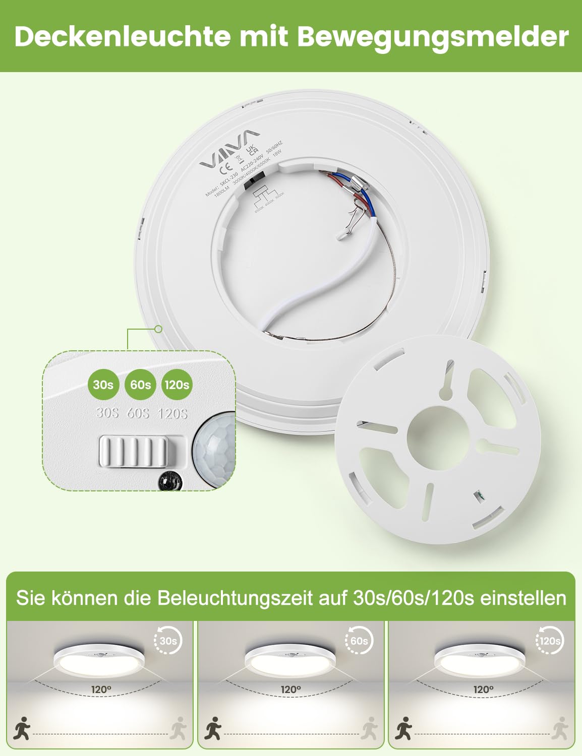Lampa Sufitowa LED 18W z Czujnikiem Ruchu i Czujnikiem Zmierzchu, 1800 LM Ultracienka Okrągła Lampa Sufitowa Ø23, 3000K/4000K/6500K