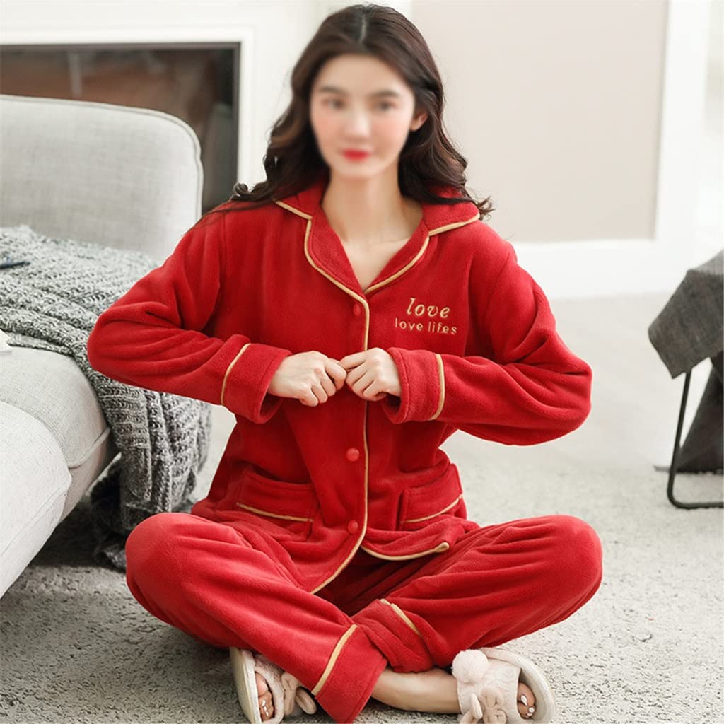 Pyjama-Sets Damen-Nachtwäsche Tops Winter-Flanell-Pyjamas Damen-beiläufige Nachtwäsche Nachtwäsche-Pyjama (Color : Red, Size : M-Code)