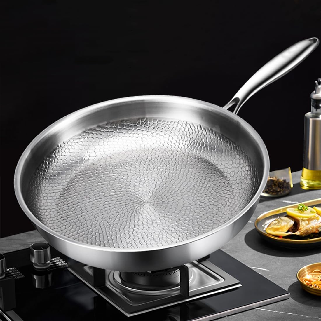 Sartén de titanio martillado Pro con tapa, sartén antiadherente de titanio puro ultraduradera para cocinar, juego de sartenes de titanio puro con calentamiento uniforme (10.25 pulgadas, sin tapa)