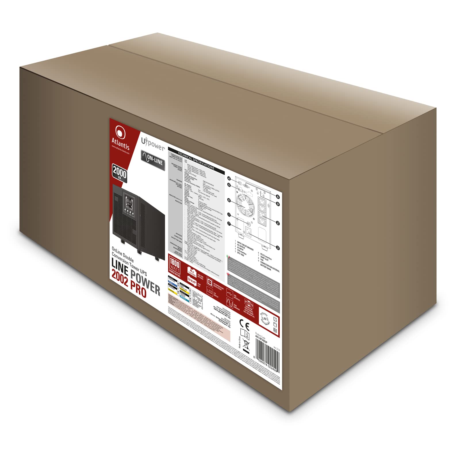 Atlantis A03-OP2002P Pro Onduleur (UPS) Online Double Conversion et Pure sinusoïde avec Une Puissance de 2000VA 1800W, Tour, écran LCD, USB, RS-232 série, 4 Sorties IEC, Slot SNMP, 4x12V-9Ah
