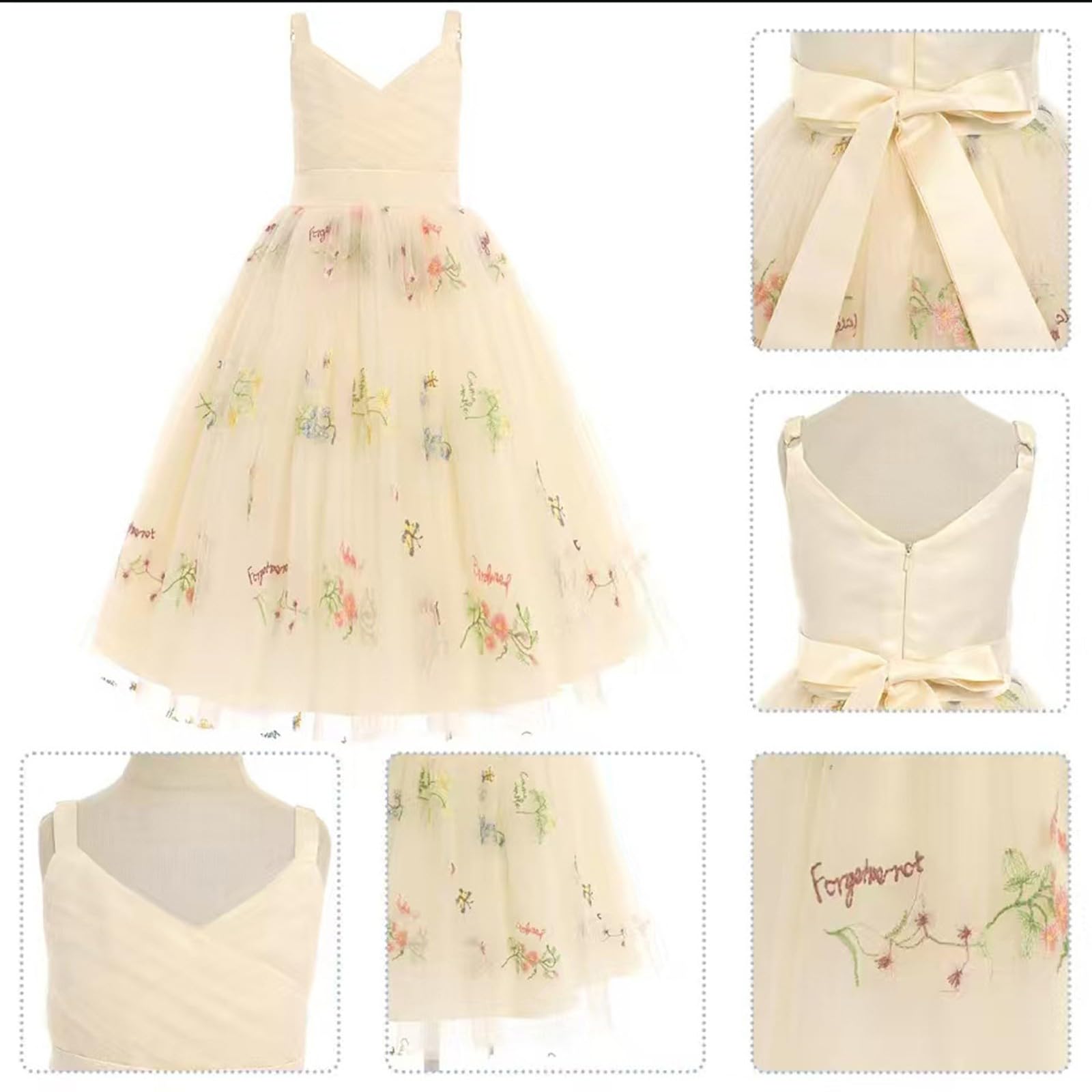 Genérico Vestido de cumpleaños Infantil con Tirantes de Encaje Bordado (3 a 14 años) (Beige, 10-12 Years)