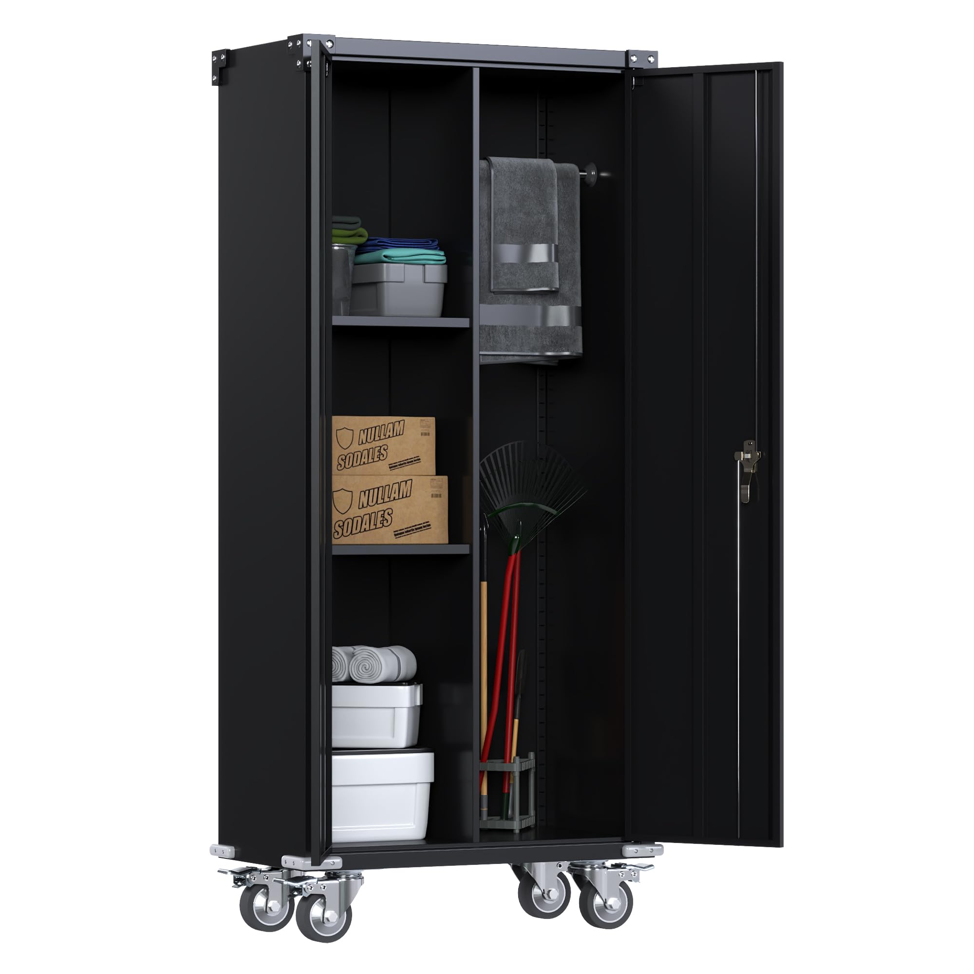 SUPEER Metall Besenschrank, Putzmittelschrank, Mehrzweckschrank, Metall Garage Aufbewahrungsschrank mit Rädern, Besen Schrank Aufbewahrungsschrank mit hängender Stange180x80x40cm(Schwarz)