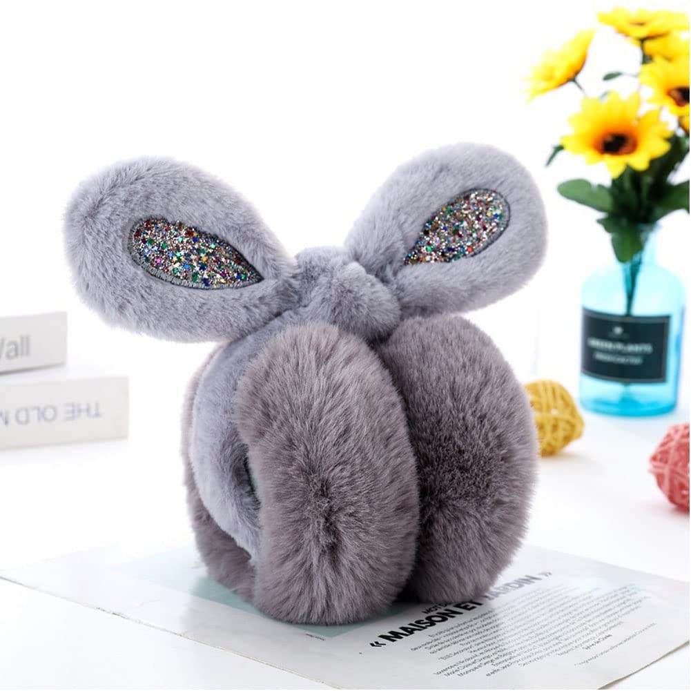 ILUFAM Glitter Rabbit Ears Earmuffs Foldable Plush Earmuffs Winter Warm Ear Muff Ear Warmers for Cold Weather (Grey)